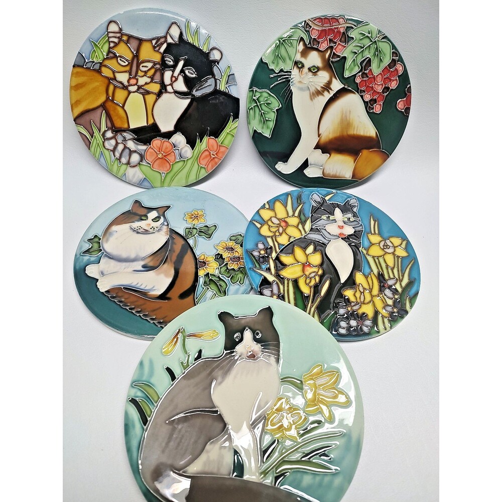 6 pc Kitty Cats Feline Ceramic Wall Tile Cat Plaque 6" round Floral Flowers
